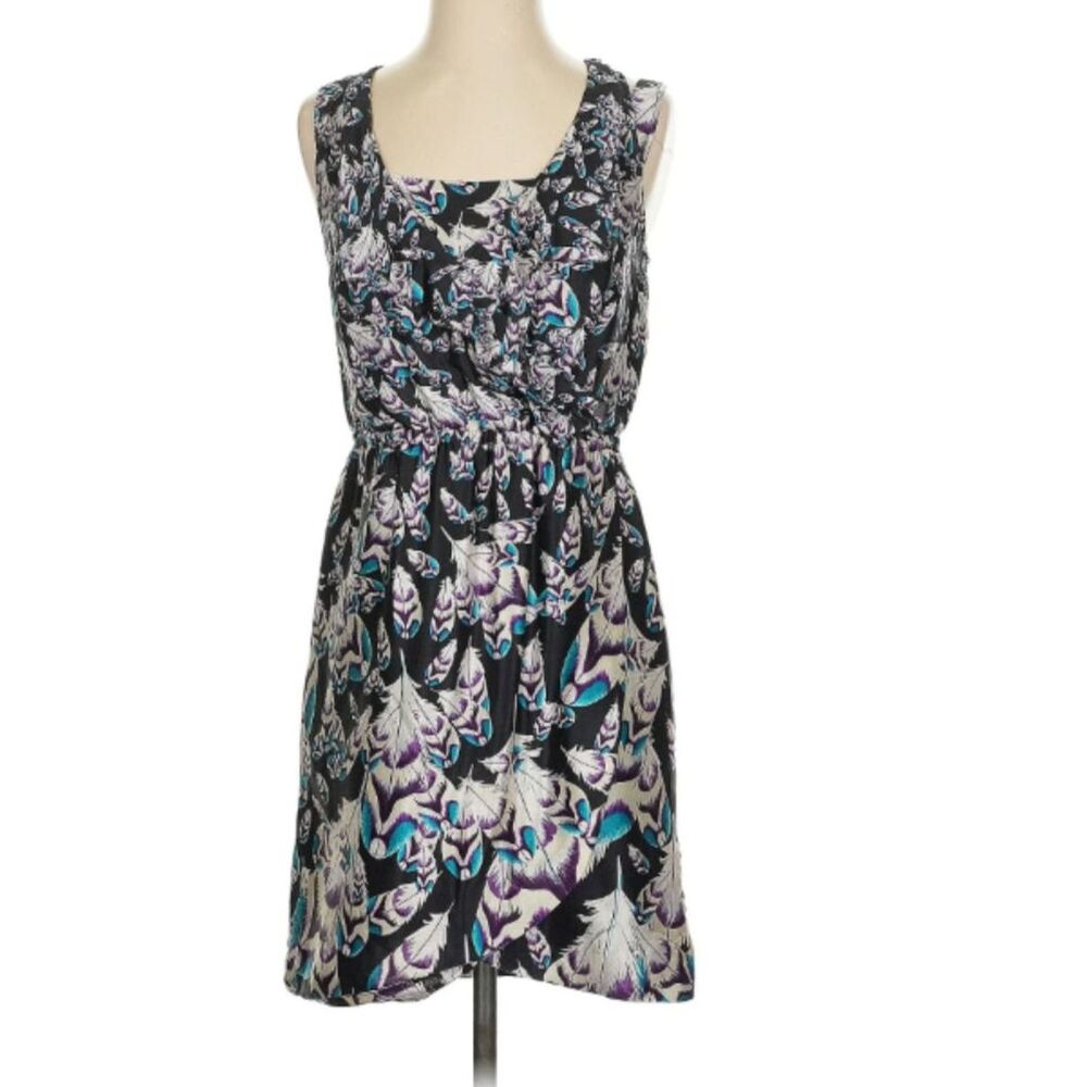 Leifsdottir Anthropologie Sleeveless Silk Boho V-Neck Feather Print Dress Sz 10